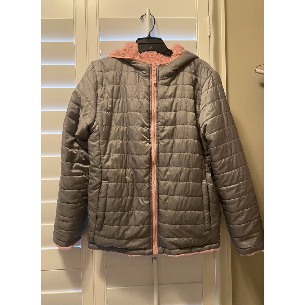Eddie Bauer Girls Size Large 14 Gray Puffer Coat Fleece Lined Reversible Jacket